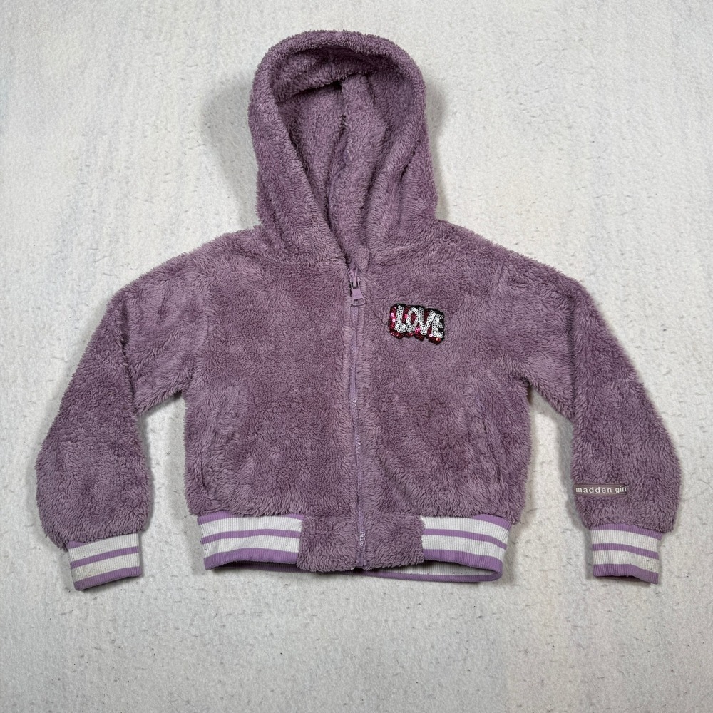 Madden Girl Kids Purple Fuzzy Sherpa Fleece Full Zip Hoodie Sequin Love Size 5